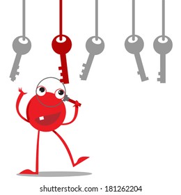 Red monster finds the right key to success. Finding the key using magnifying glass.