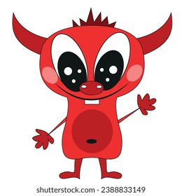 red monster with horns, two teeth, smiling waving his hand, doodle style