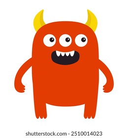 Red monster standing. Happy Halloween. Cute monsters silhouette icon. Three eyes, fang teeth, yellow horns. Cartoon kawaii funny character. Childish style. Flat design Isolated White background Vector