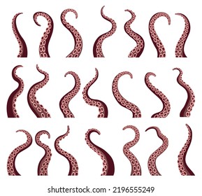 Red monster tentacles. Sea octopus dangerous tentacle set, seafood squid arms vector illustration, closeup marine wild attacker octerpus limbs, scary kraken hands