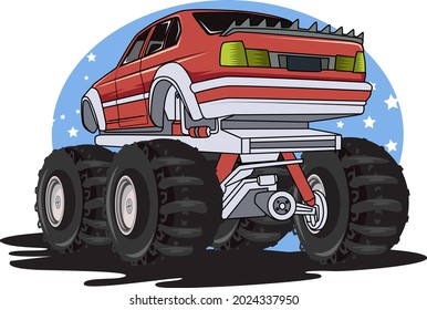 red monster truck hand drawing illustration