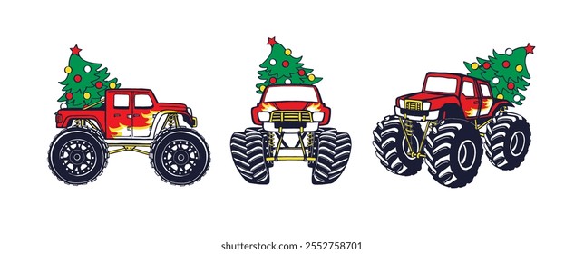 Red Monster trucks cars with Christmas tree set