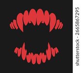 Red monster vampire teeth with long sharp fangs on black background. Vector illustration
