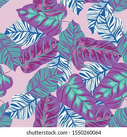 Red Monstera Foliage Vector Seamless Pattern. Air Popular Palm Backdrop California Style. Magenta Leaves Nature Texture. Pink Monstera Foliage Backdrop