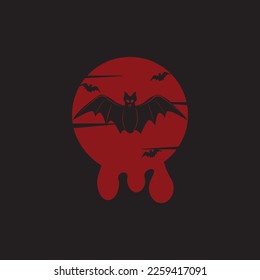 Red Moon With Bat Logo Vector.