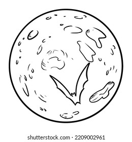 Red moon with a bat spooky doodle. Halloween comic style hand drawn element isolated on white background. Vector graphic illustration for stickers, prints, laser cut files