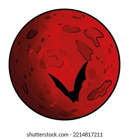 Red moon with a bat spooky doodle. Halloween comic style hand drawn element isolated on white background. Vector graphic illustration for stickers, prints, laser cut files