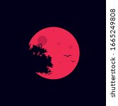 Red Moon Behind The Black Tree Silhouette Vector