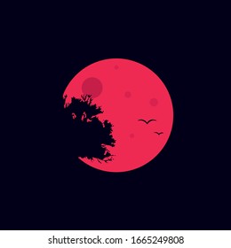 Red Moon Behind The Black Tree Silhouette Vector