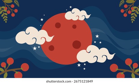 Luna roja con nubes, estrellas y ramas para la noche de Chuseok