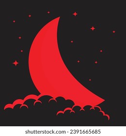 Red Moon Crescent Covered In Clouds Stars Black Background Abstract 