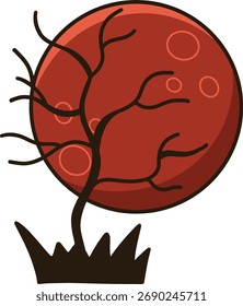 The red moon has a black shadow tree in front of it.