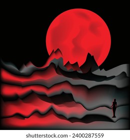 A red moon illuminates a rough landscape and the silhouette of a woman in a surreal illustration.