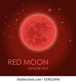 Red moon on the background of the starry sky. Space. Night. Plain text. Vector illustration.