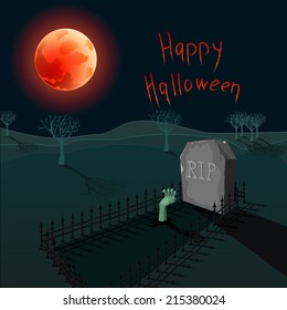 Red moon over the grave with rising zombie. Happy Halloween