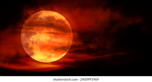 Red Moon, a real full moon in the dark cloudy sky with the moon's red light effect