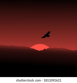 Red moon rising and an eagle in the night sky. Background illustration.