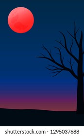 Red moon in sky night with dry tree. vector background
