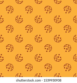 Red Moon and stars icon isolated seamless pattern on brown background.  Vector Illustration