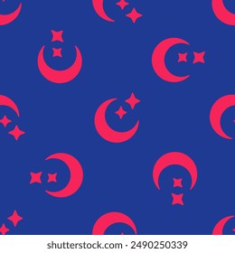 Red Moon and stars icon isolated seamless pattern on blue background. Cloudy night sign. Sleep dreams symbol. Full moon. Night or bed time sign.  Vector