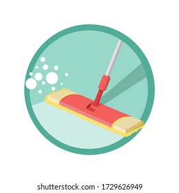 A red mop with a yellow microfiber cloth wipes the floor. Vector illustration isolated on a white background.