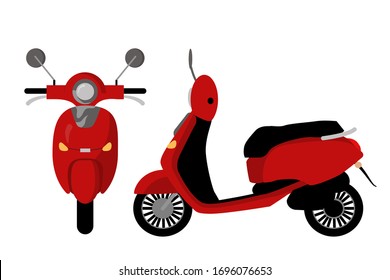 Red moped front and side view. Vector illustration. Flat graphics