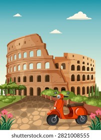 Red moped parked on cobblestone road with the ancient Roman Colosseum under blue sky