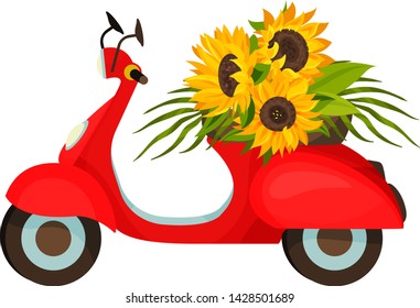 Red moped with sunflowers. Vector illustration on white background.