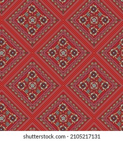 Red Moroccan tile mosaic. Spanish porcelain. Ceramic flatware, folk print. Spanish pottery. Ethnic background. Mediterranean seamless wallpaper.
