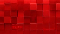 Red Mosaic Background. Random Cubes Backdrop. Vector Geometric Illustration. Glossy Square Shapes. Architectural Abstraction. Interior Concept. Business Or Corporate Decoration
