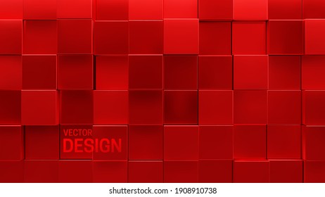 Fondo de mosaico rojo. Fondo de cubos aleatorios. Ilustración geométrica vectorial. Formas cuadradas brillantes. Abstracción arquitectónica. El concepto de interior. Decoración empresarial o corporativa