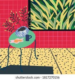 The red mosaic room with the green table.