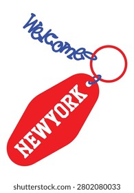 A red motel-style keychain featuring the text NEWYORK, with a blue Welcome tag attached to a circular ring on a white background.