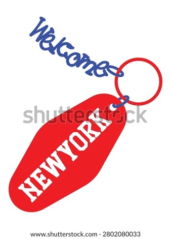 A red motel-style keychain featuring the text NEWYORK, with a blue Welcome tag attached to a circular ring on a white background.