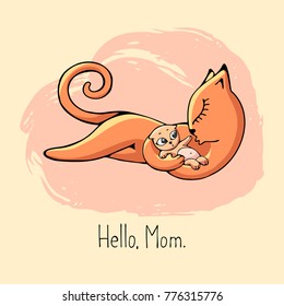 Red mother cat lies with a baby kitten in her arms. Vector illustration in cartoon style on a yellow background.