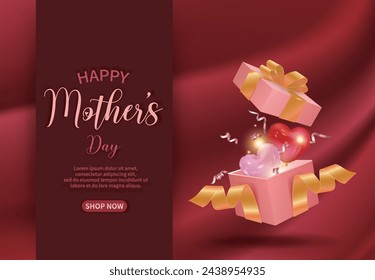 Red Mother's Day sales guide with opened gift box, heart, ribbon