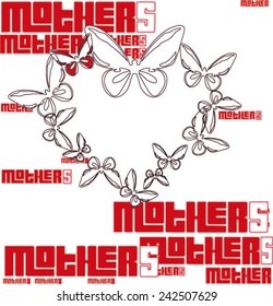 red ' mothers ' words with black silhouette butterflies together become love hearts icon and white background for mothers day celebrations vector graphic print pattern.