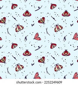 Red moths on a light blue background. Boho style, small strokes and dots on the background.