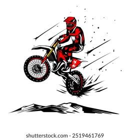 red motocross rider jumping up left side view vector illustration