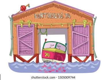 A red motor boat in vintage boat garage. Cartoon. Caricature. 