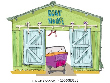 A red motor boat in vintage boat garage. Cartoon. Caricature. 