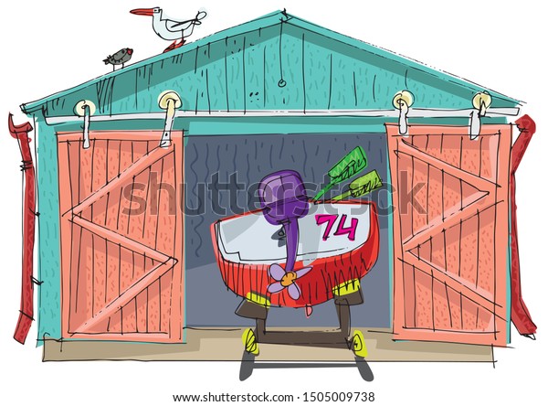 Red Motor Boat Vintage Boat Garage Stock Vector Royalty Free 1505009738