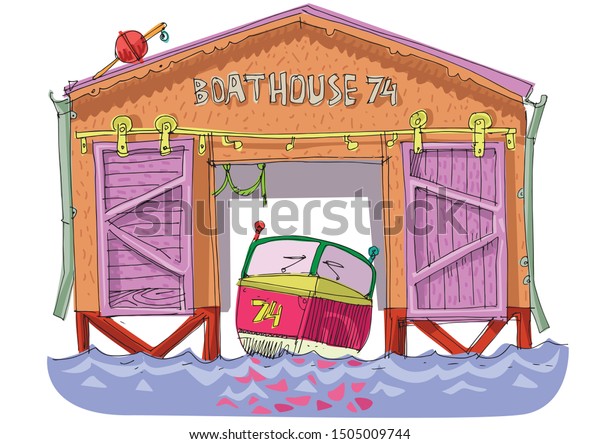 Red Motor Boat Vintage Boat Garage Stock Vector Royalty Free 1505009744