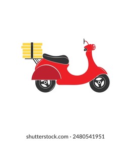 Red Motor Scooter Vector Icon. Pizza Food Delivery, Motor Bike Cartoon