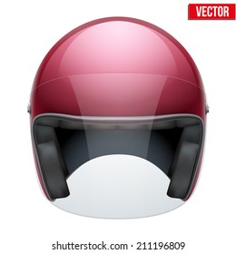 Red Motorbike Classic Helmet With Clear Glass Visor. Vector Illustration Isolated On White Background,