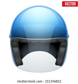 Red motorbike classic helmet with clear glass visor. Vector illustration isolated on white background,