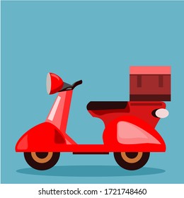 Red motorbike for delivering food on a blue background.retro scooter .Cute design for t shirt print, icon, logo, label, patch or sticker. Vector illustration.