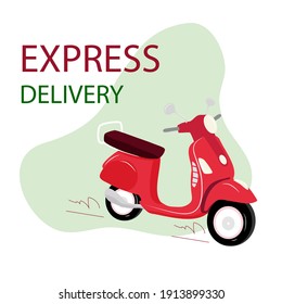 Red motorbike with text Express delivery. Delivery service. Fast shipment concept. Flat vector illustration. Red scooter on white background. Pizza, food, flowers delivery concept. Editable EPS 10.