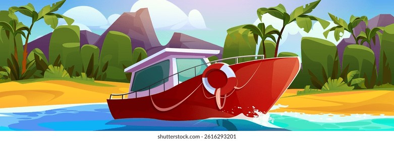 Red motorboat vehicle cruising tropical beach shore, modern power boat anchored near sandy coast. Speedboat floating ocean waves, luxury yacht for summer vacation travel, cartoon water transport.