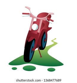Red motorcycle stands on the green road. Flat design, vector illustration.